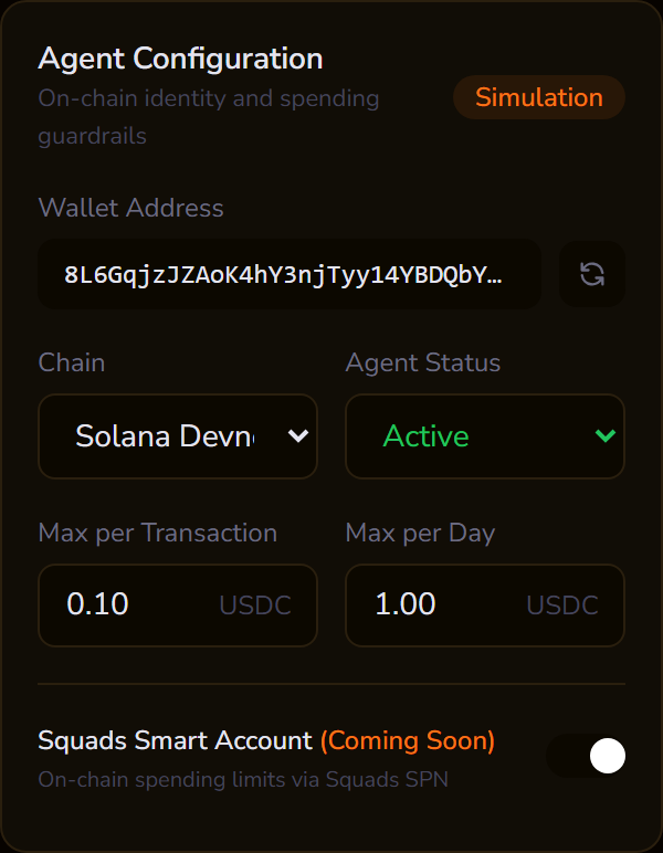 Agent configuration — wallet, chain, and spending limits