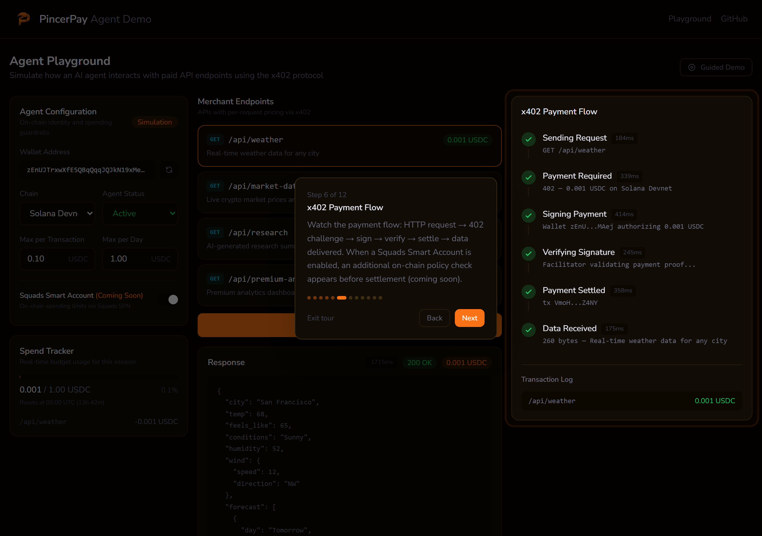 The x402 payment flow in the interactive playground
